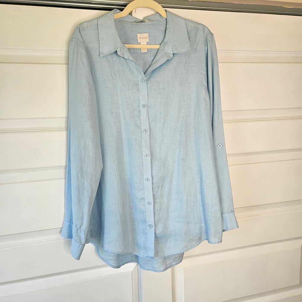 Chico's No Iron 100% Linen Button Up Shirt Blue Size 3 XL